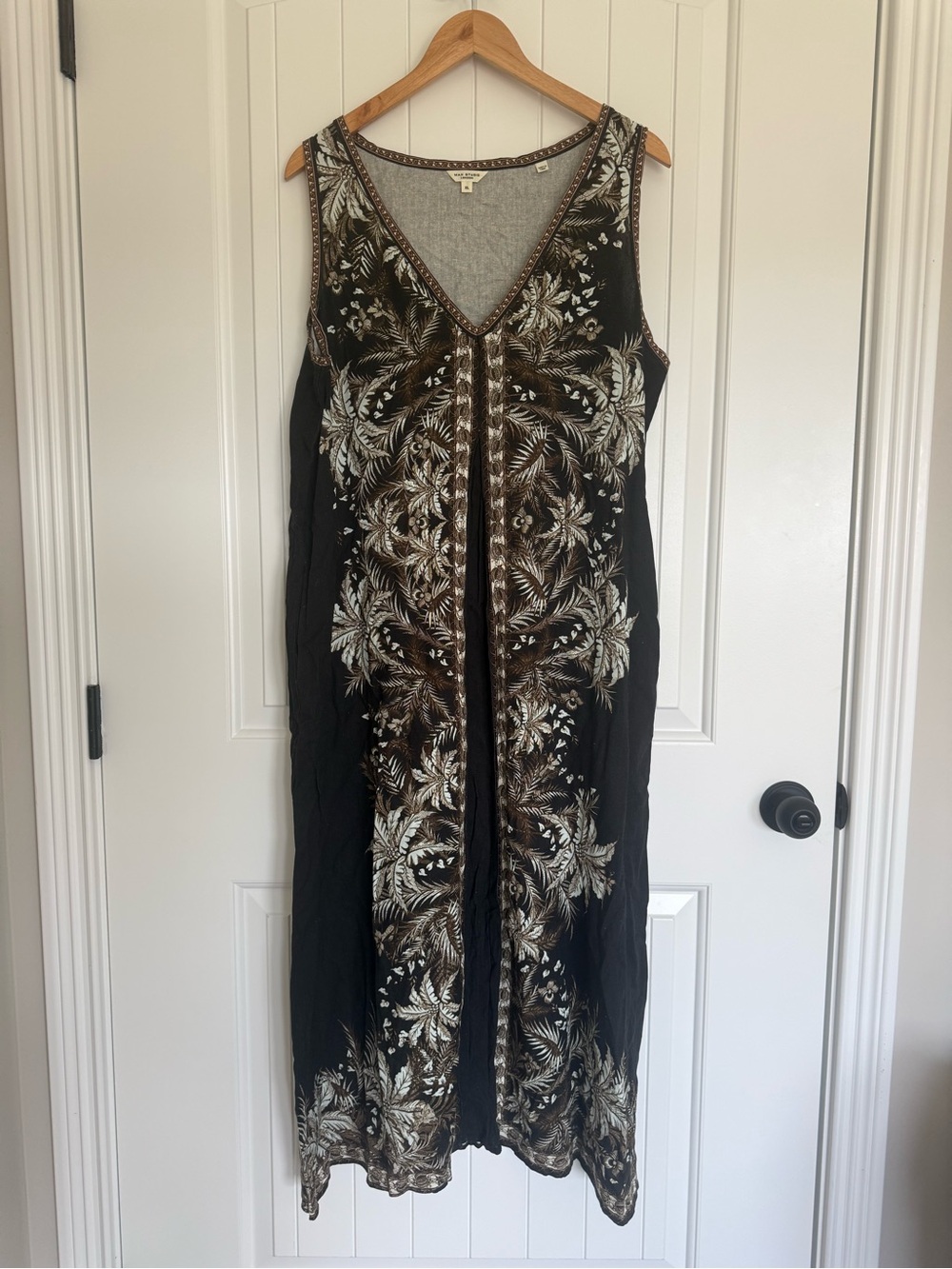 Max Studio Black Tropical Palm Border Print Sleeveless V-Neck Maxi Dress Size XL